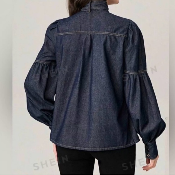NEW WOMEN'S TIE NECK LANTERN SLEEVE DENIM BLOUSE US Size XS - Picture 4 of 7